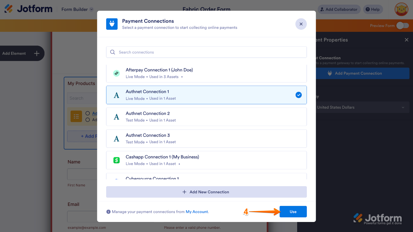 Payment Connections window showing a selected payment integration with the Use button clicked to confirm