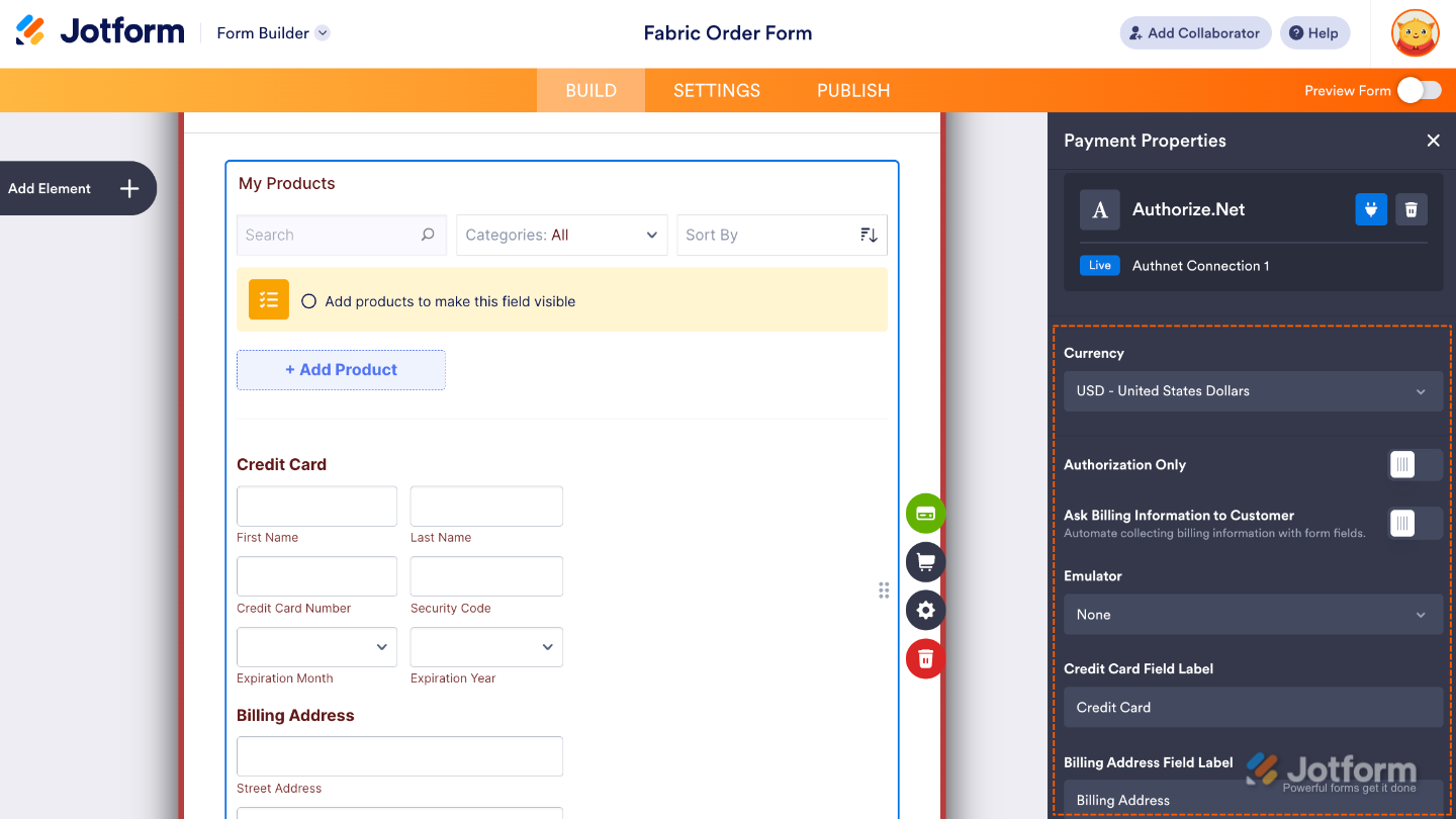 Form Builder showing a successfully added Payment Connection with options to adjust settings for the chosen gateway