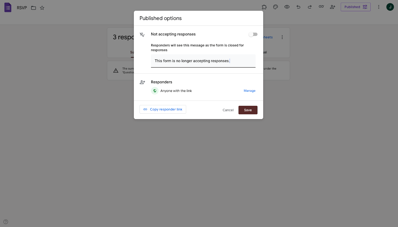 Google Froms "Not accepting responses" message Edit box