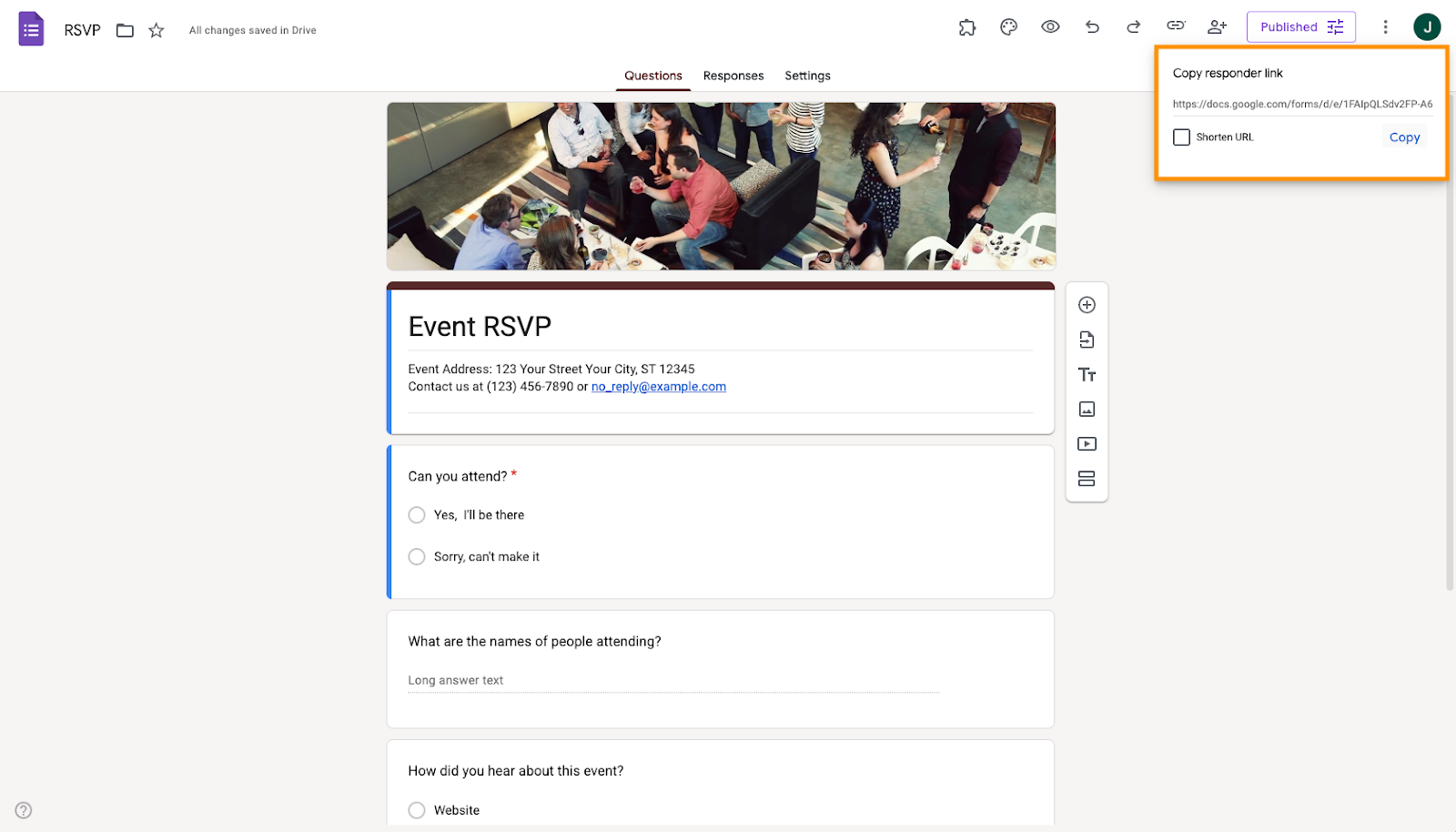 Google Forms "Copy responder link" dropdown box