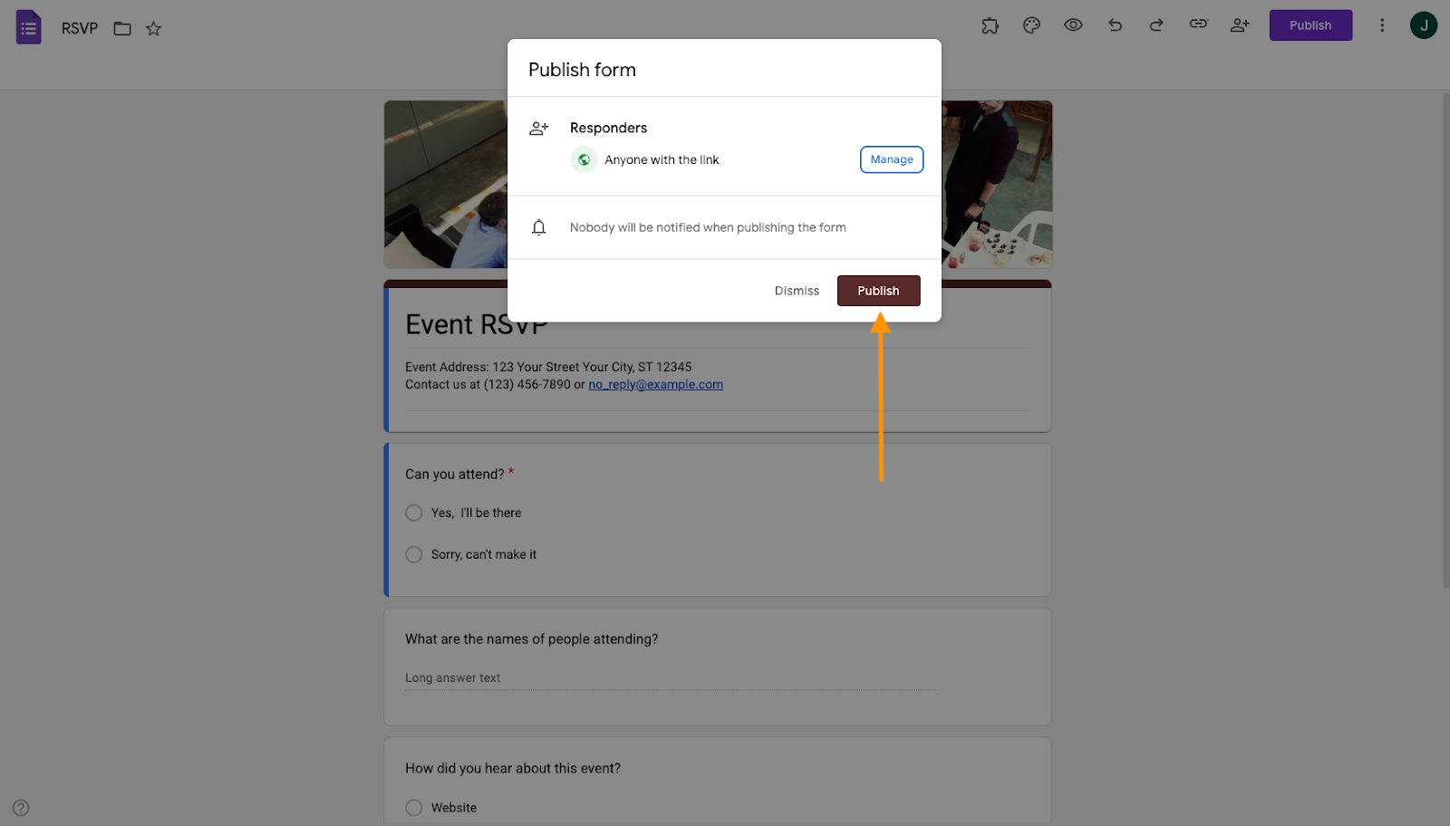 Google Forms Publish Form Pop-up Menu