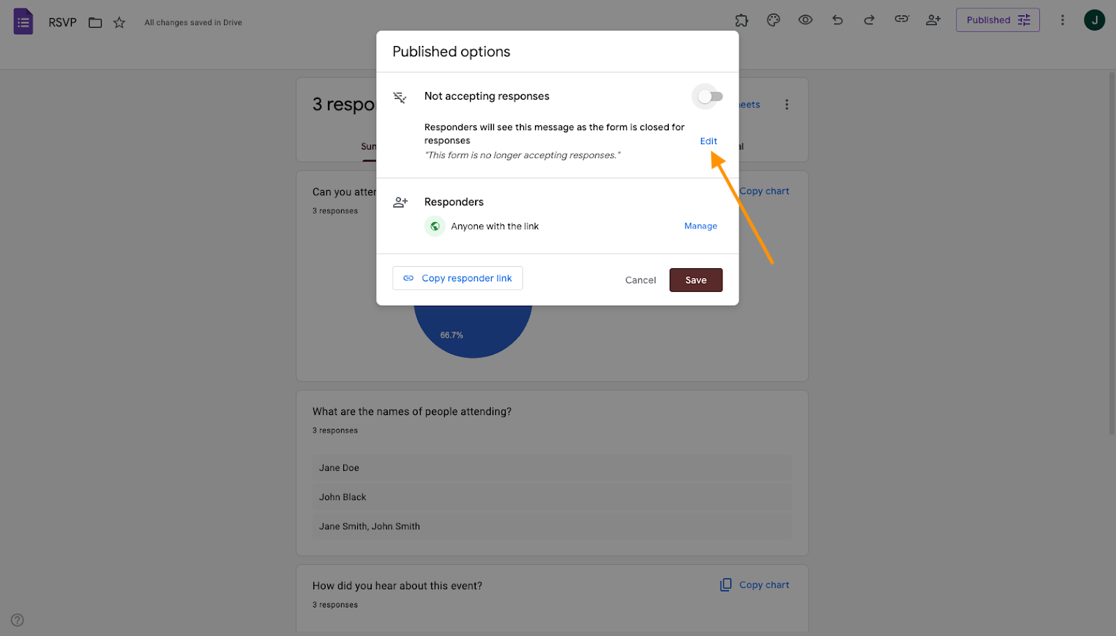 Google Forms "Not accepting responses" message Edit button