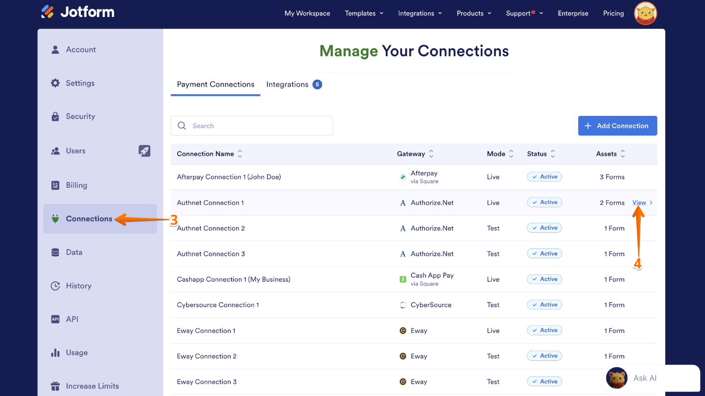 Account Settings page showing the Connections menu with a payment connection set to View