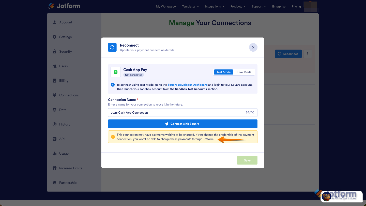 Warning message explaining that the Reconnect process must use the same account and cannot switch to a different payment gateway