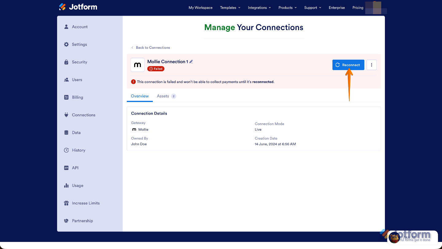 Connection interface showing a failed payment connection with the Reconnect button to quickly restore the integration