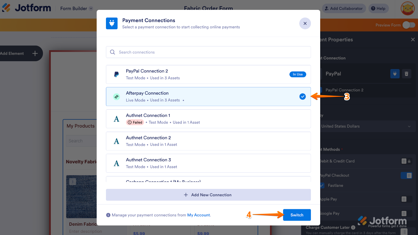 Payment Connections window showing a new payment gateway selected with the Switch button highlighted