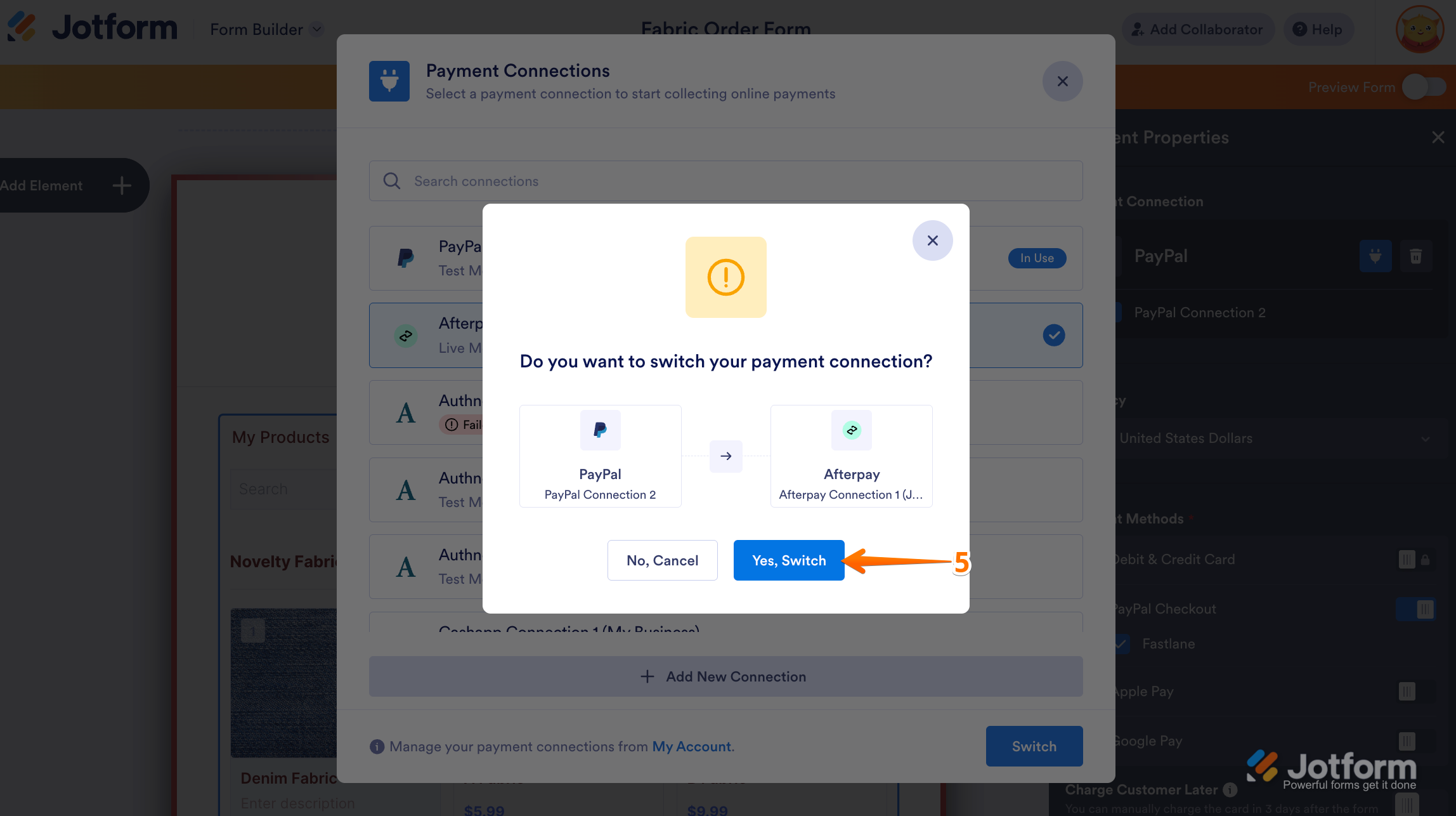 Modal asking if you want to switch your payment connection, with the Yes, Switch button highlighted