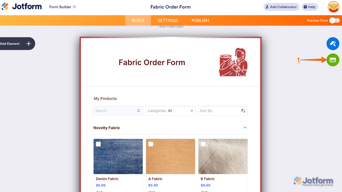 Form Builder interface showing the Credit Card icon on the right side of the page