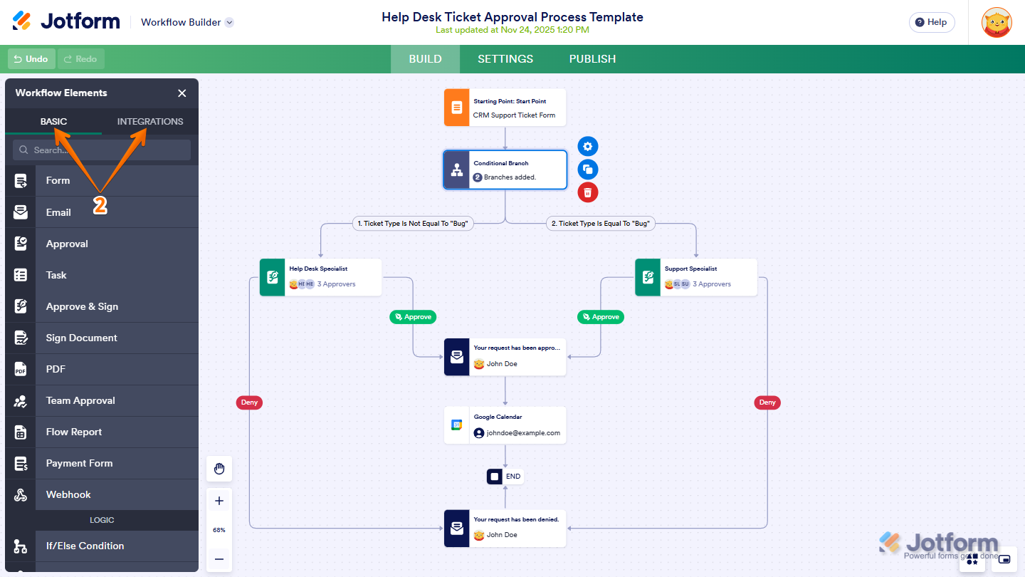 Jotform Workflow Builder displaying the Workflow Elements panel with the Basic and Integrations tabs, showing available workflow elements and integrations that can be clicked or dragged into the workflow canvas