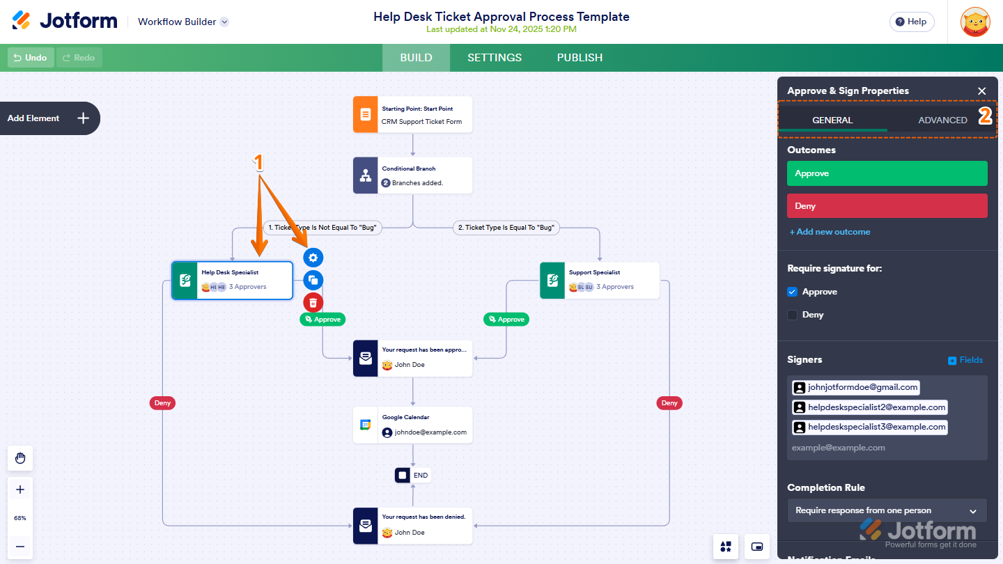 Jotform Workflow Builder showing an element, such as Approve & Sign, selected with the Gear icon clicked, displaying the settings panel where the General and Advanced tabs can be configured