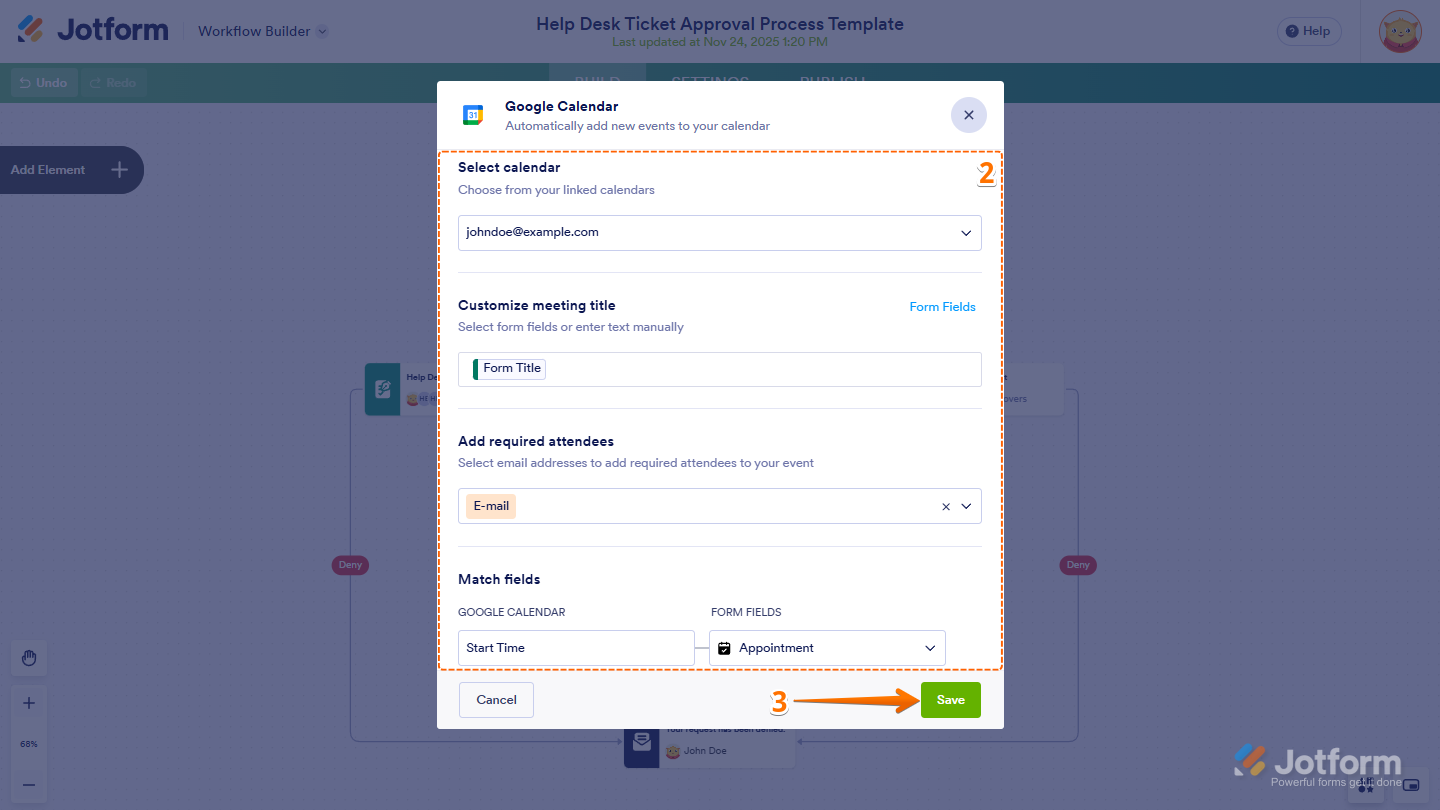 Jotform Workflow Builder showing an integration settings window with editable configuration options and the Save button ready to apply the updated settings