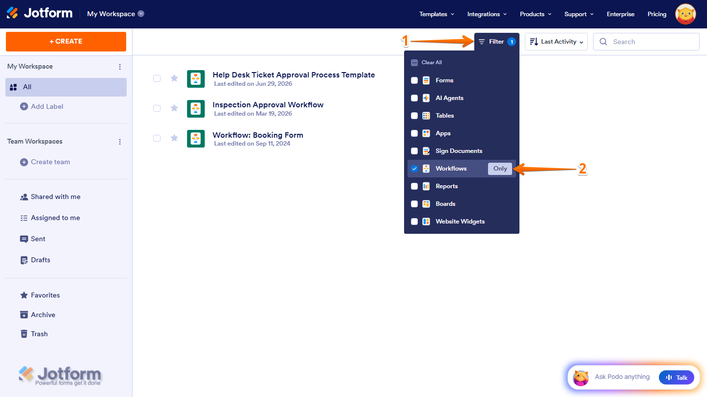 Jotform Workspace showing the Filter menu with the Workflows filter set to Only, displaying only workflow assets on the Workspace page