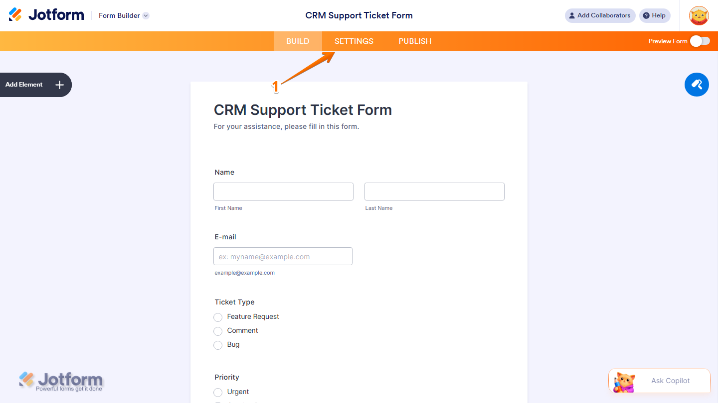 Jotform Form Builder showing the Settings tab selected in the orange navigation bar at the top of the page