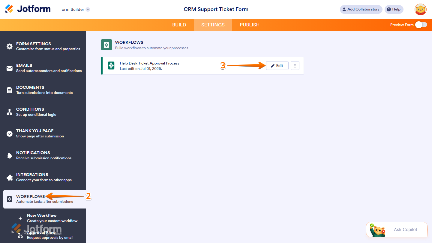 Jotform Form Builder Settings page showing the Workflows section with a workflow highlighted and the Edit option available to update the selected workflow