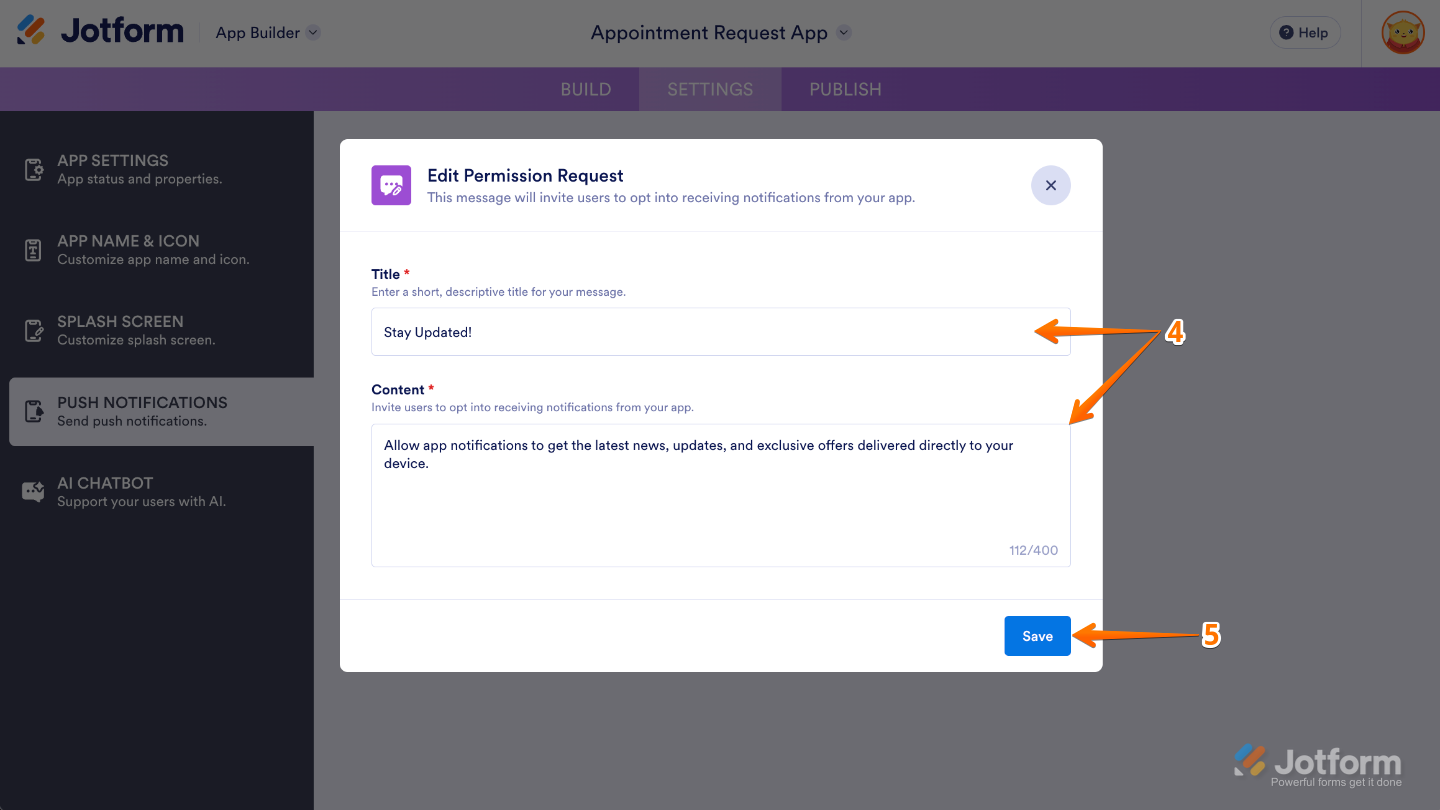 App Builder Edit Permission Request screen showing custom Title and Content for push notification permission before saving