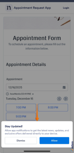 Preview screen displaying the customized push notification permission request message for Jotform app users