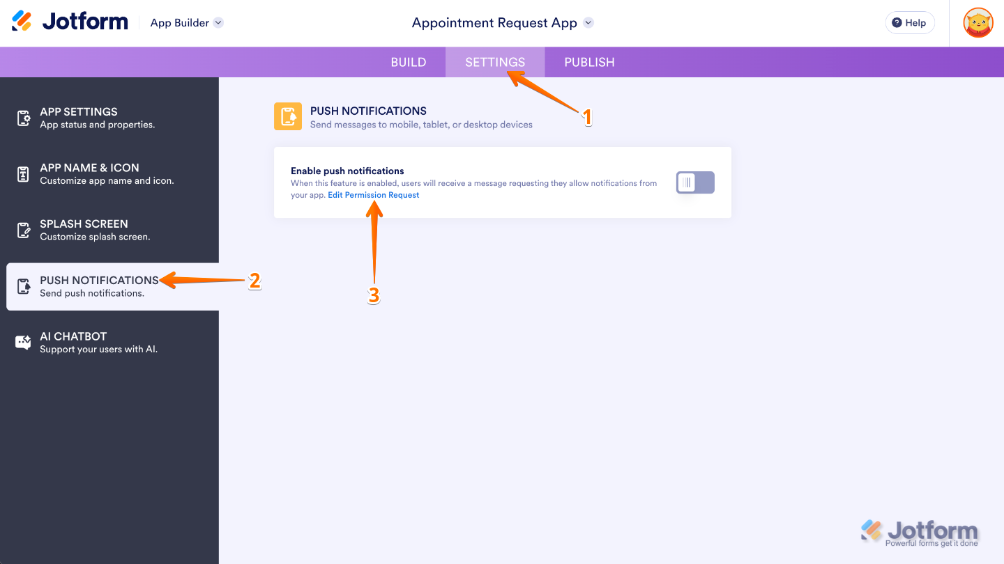 App Builder settings menu showing Push Notifications selected from the left-side navigation
