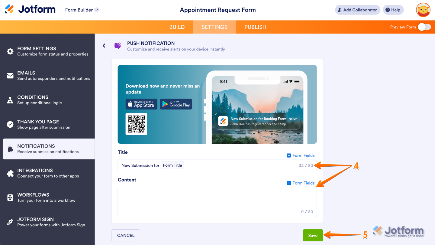 Form Builder Push Notification settings showing fields to enter Title and Content, with a Save button to confirm changes