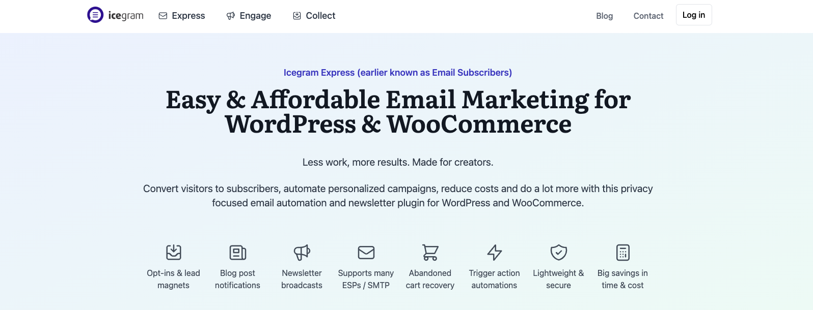 Page de destination d'Icegram Express