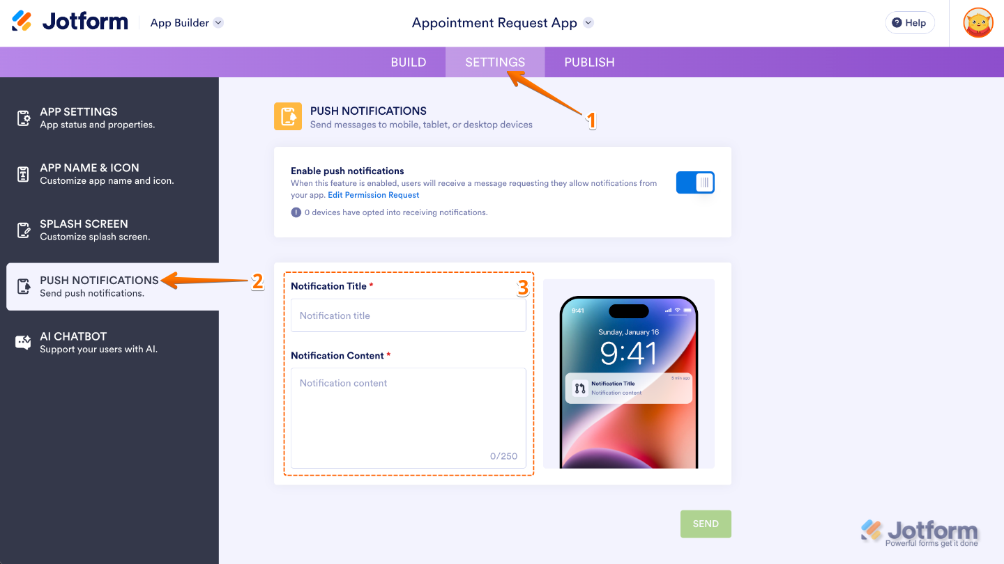 App Builder interface with the Settings tab selected in the purple top navigation bar and Push Notifications highlighted in the left menu