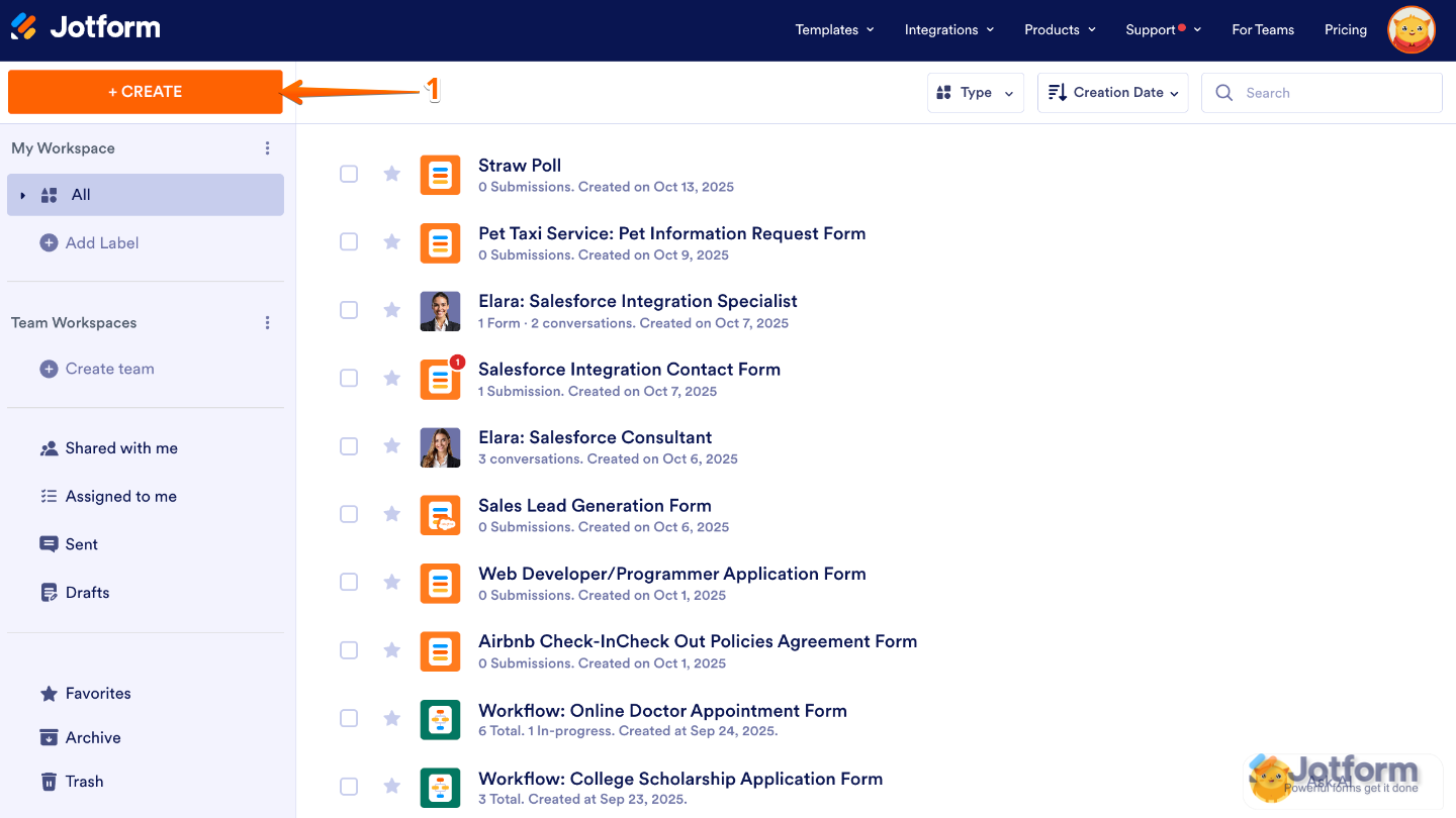 Jotform Workspace page highlighting the Create button located at the top-left corner of the screen