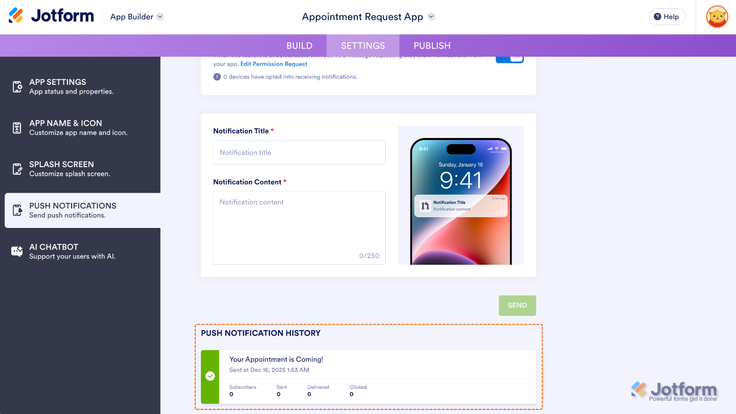 App Builder Push Notifications tab showing notification history with subscriber count, sent and delivered notifications, and click statistics