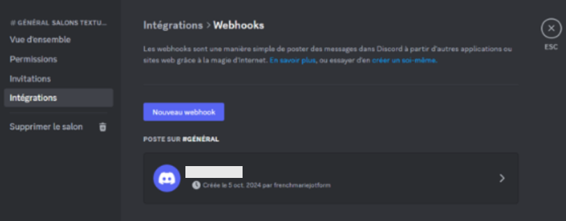 Capture d’écran de l’interface Discord, dans Paramètres du serveur > Intégrations > Webhooks