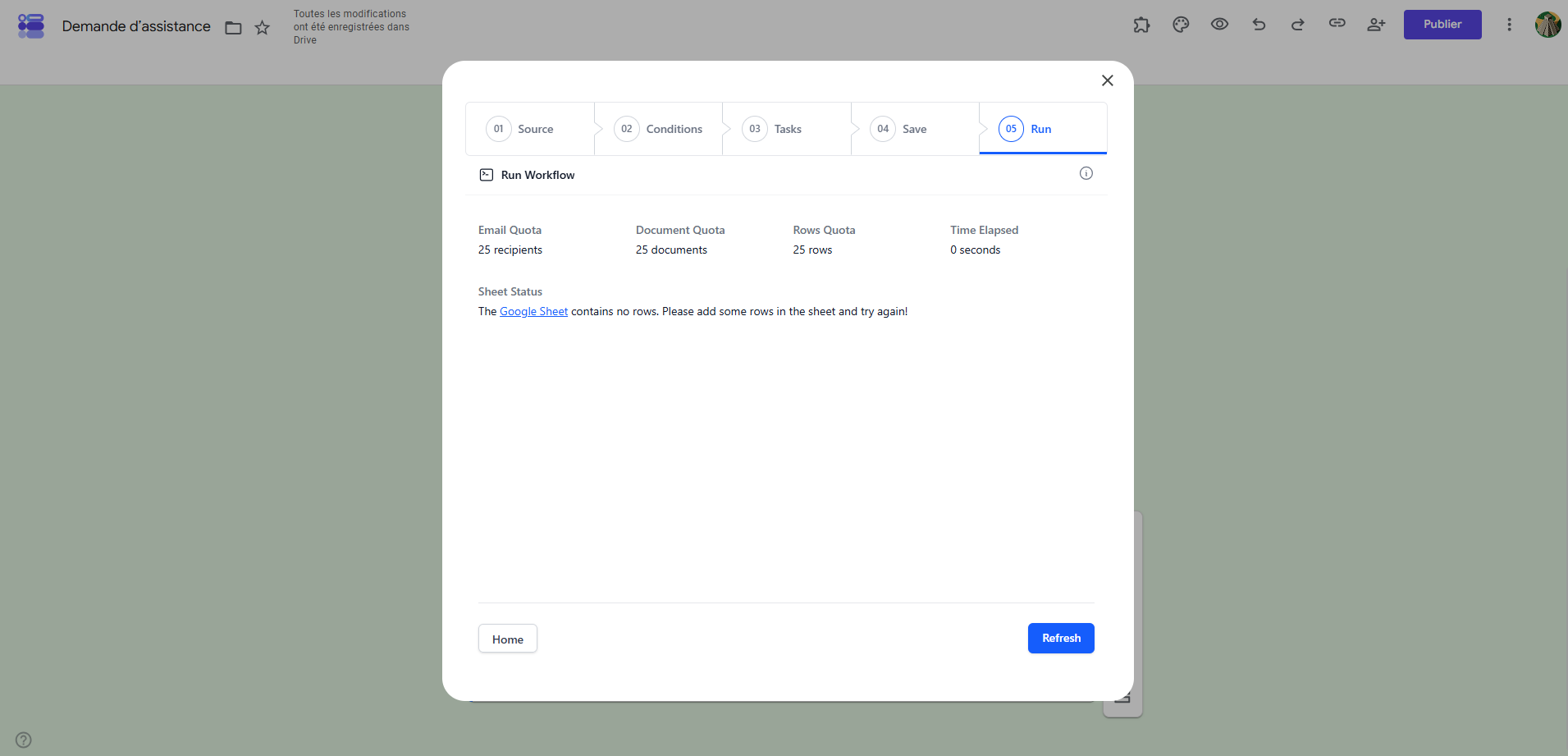 Capture d'écran du workflow enregistré dans la fenêtre Document studio dans Google Forms
