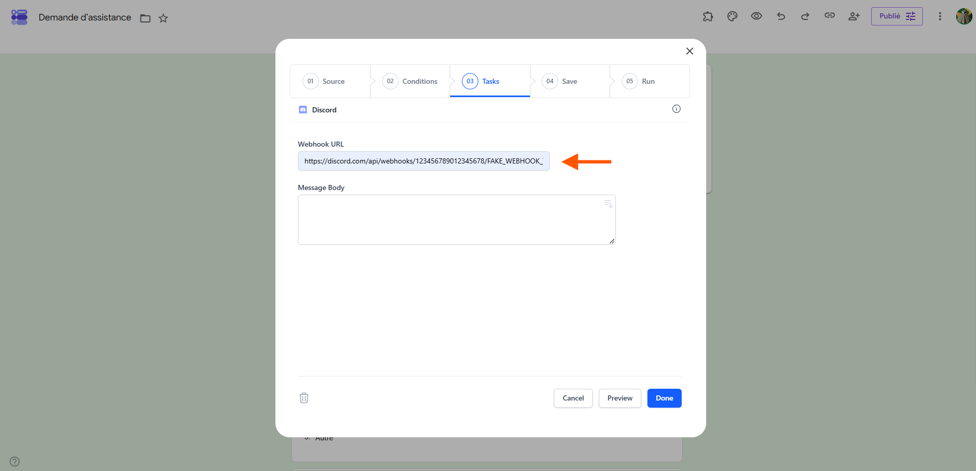 Capture d'écran de l'onglet Tasks de la fenêtre de création du workflow Document Studio dans Google Forms avec une flèche vers l'URL copiée