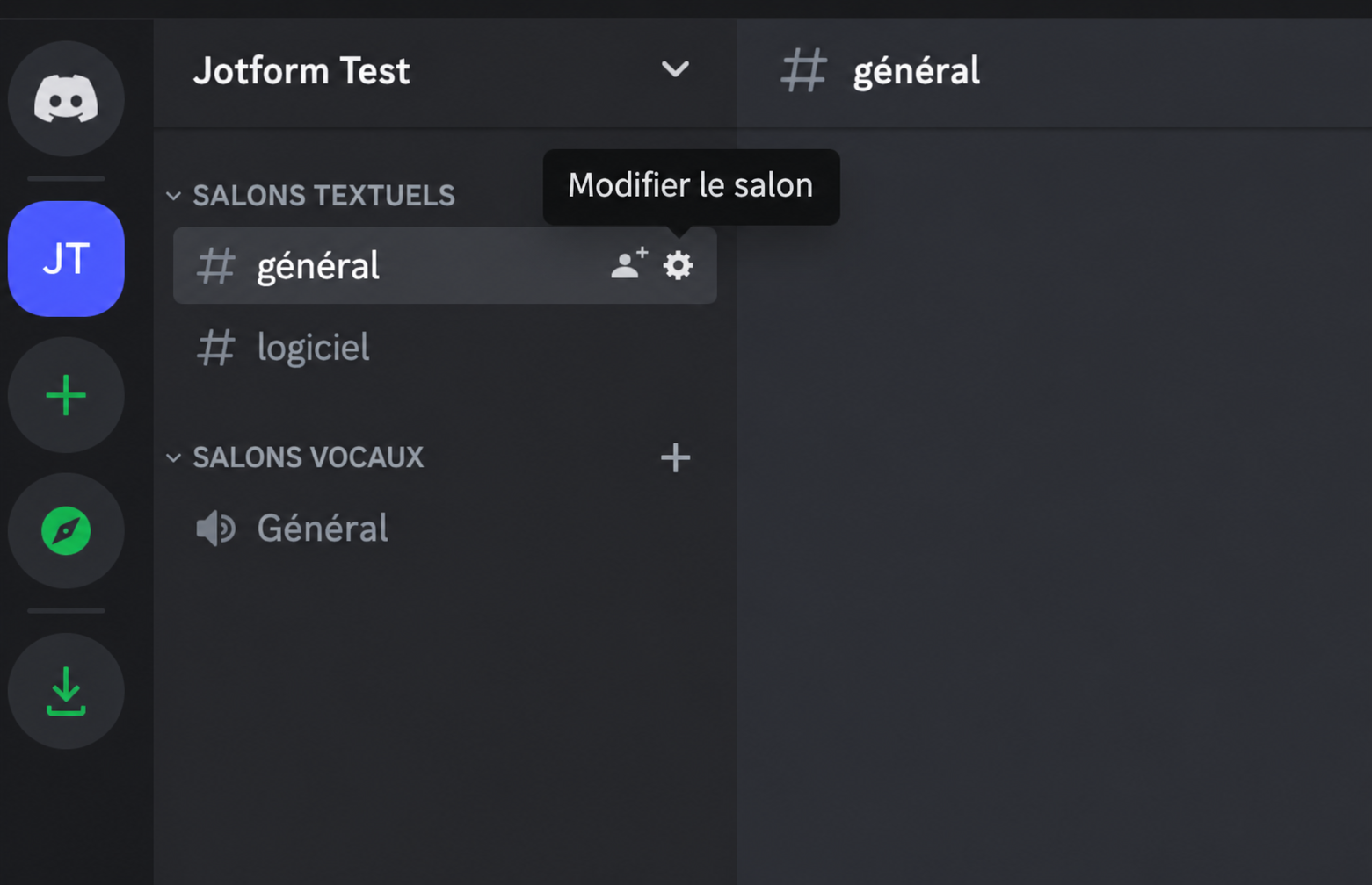 Interface Discord montrant le salon « general » du serveur Jotform Test et l’icône permettant de modifier les paramètres du salon
