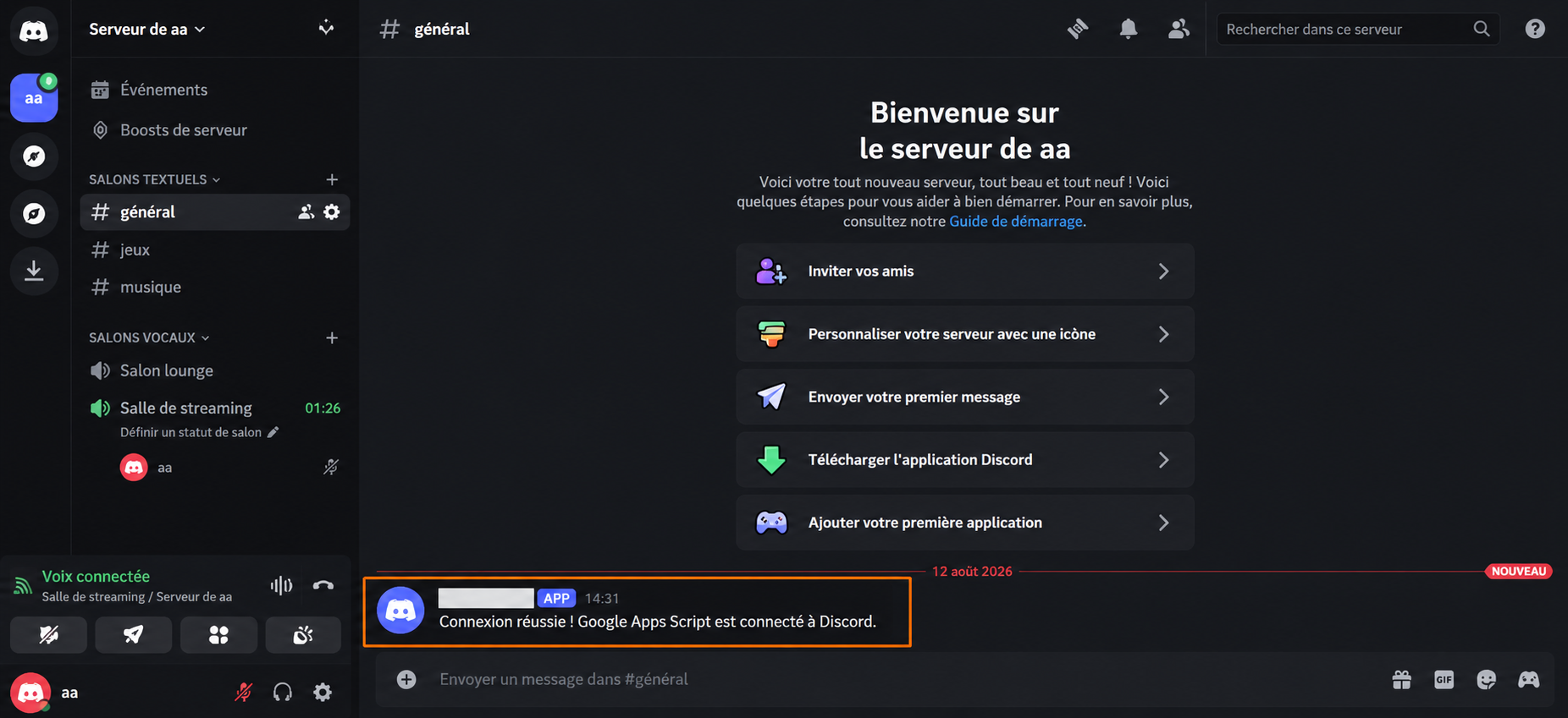 Capture d’écran de Discord montrant le serveur « aa’s server », avec les salons « general », « games », « music », « Lounge » et « Stream Room »
