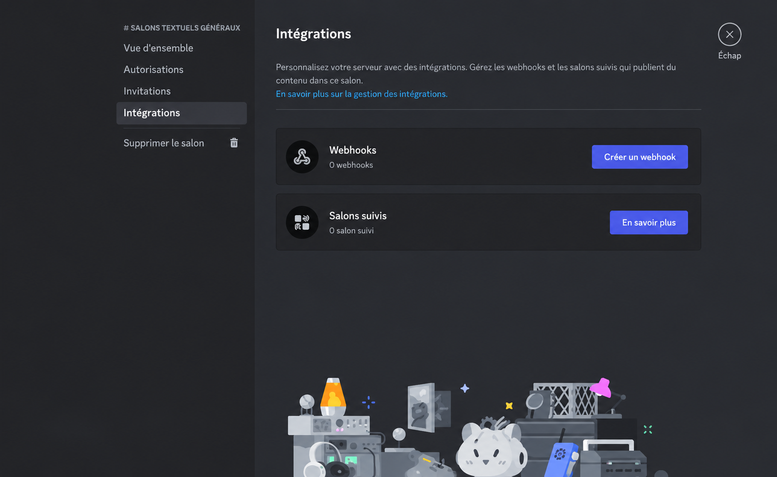 Paramètres d’intégration d’un salon Discord avec la section Webhooks et le bouton « Create Webhook » pour créer un nouveau webhook