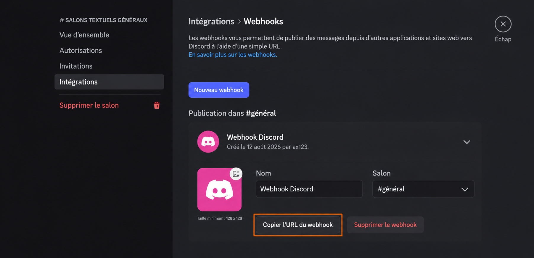 Capture d’écran de Discord montrant la page Intégrations > Webhooks d’un canal