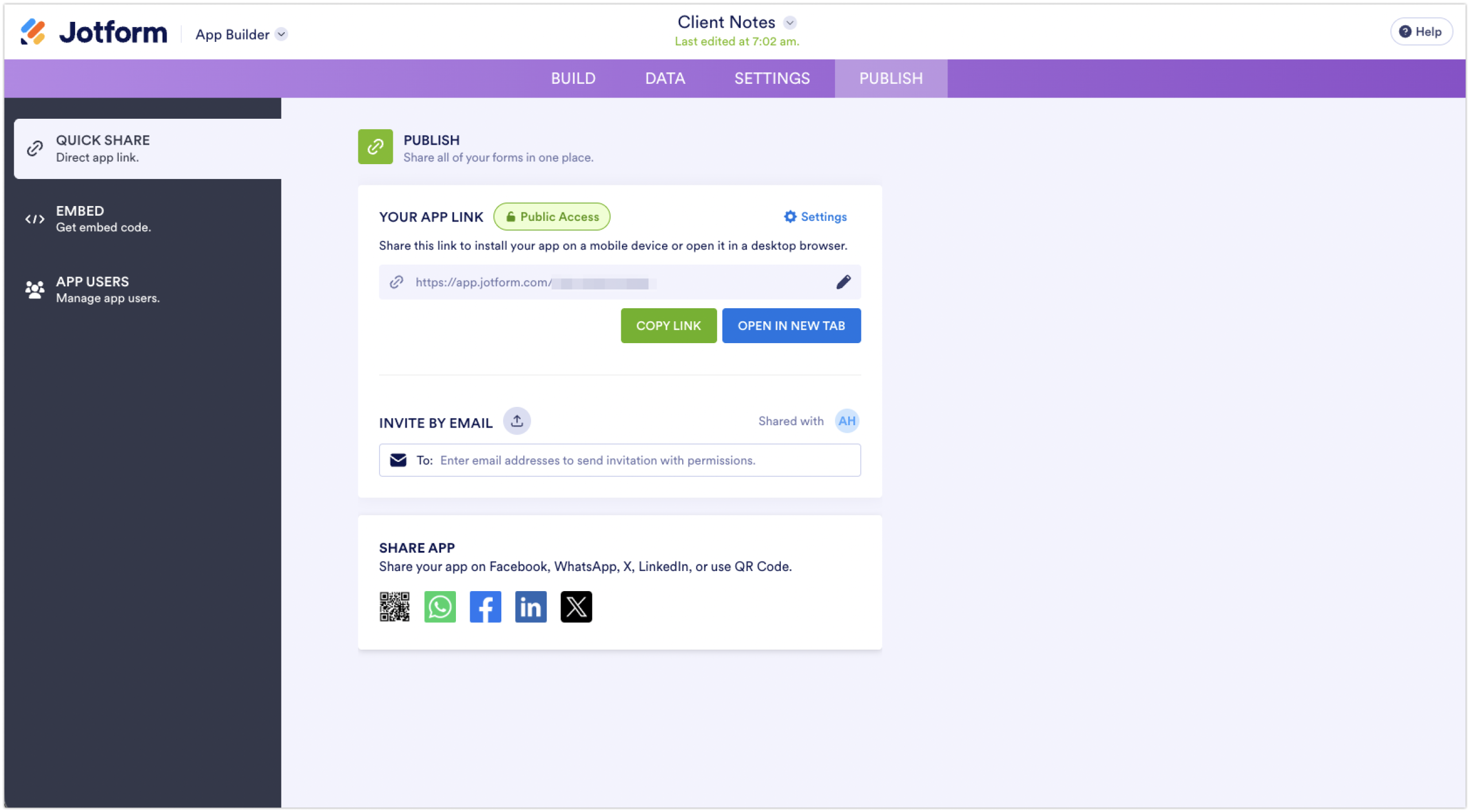 Jotform App Builder Publish Tab Options
