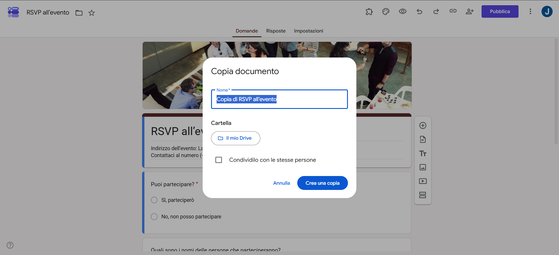 Screenshot della finestra popup che viene mostrata nel modulo Google dopo aver fatto clic sull'opzione Crea una copia