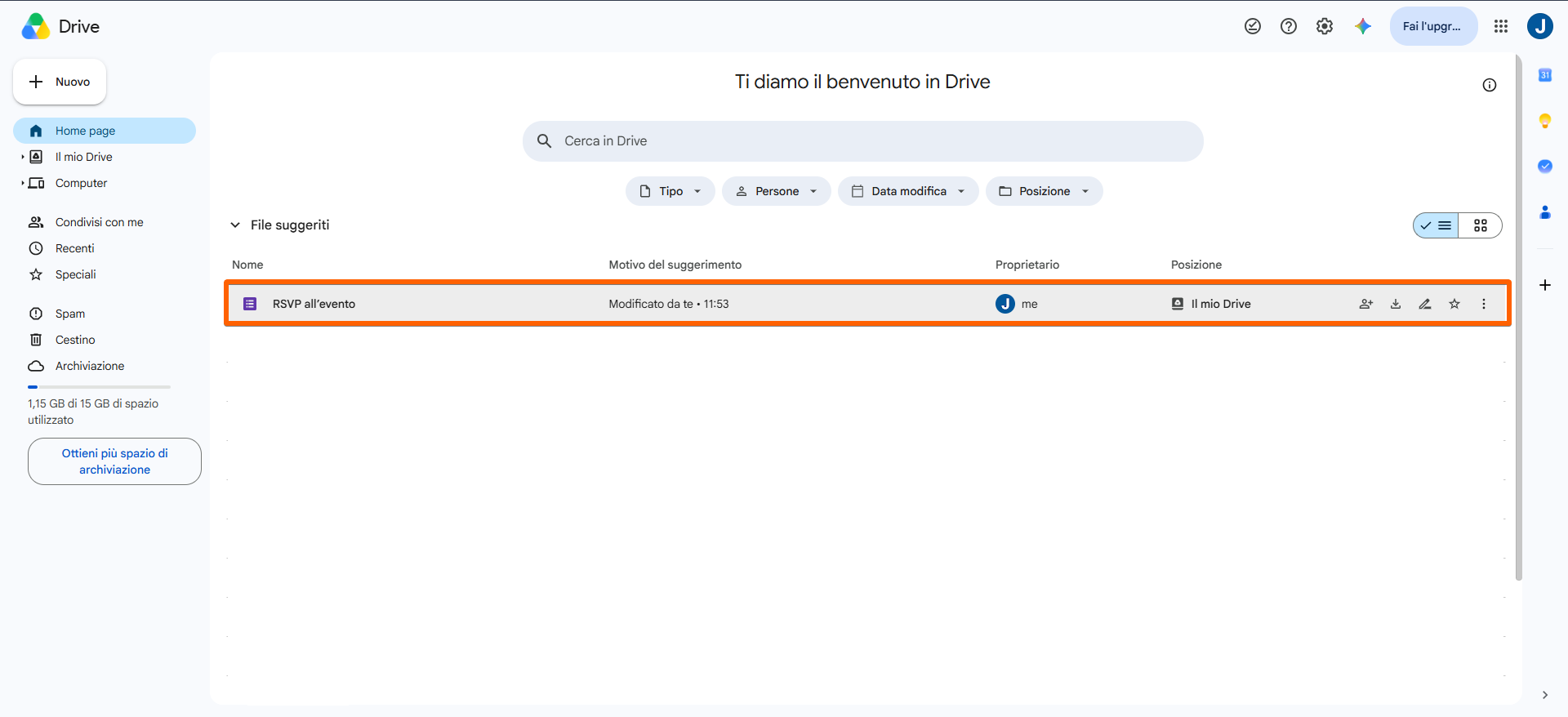 Screenshot di un'interfaccia di Google Drive che mostra il file da copiare