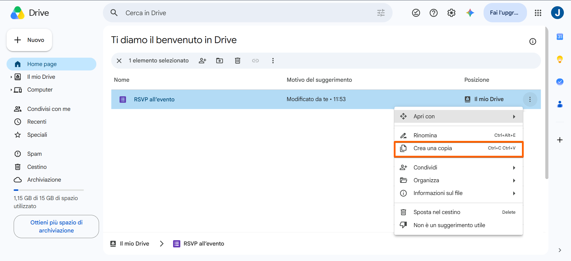 Screenshot di un'interfaccia di Google Drive con un menu a tendina aperto