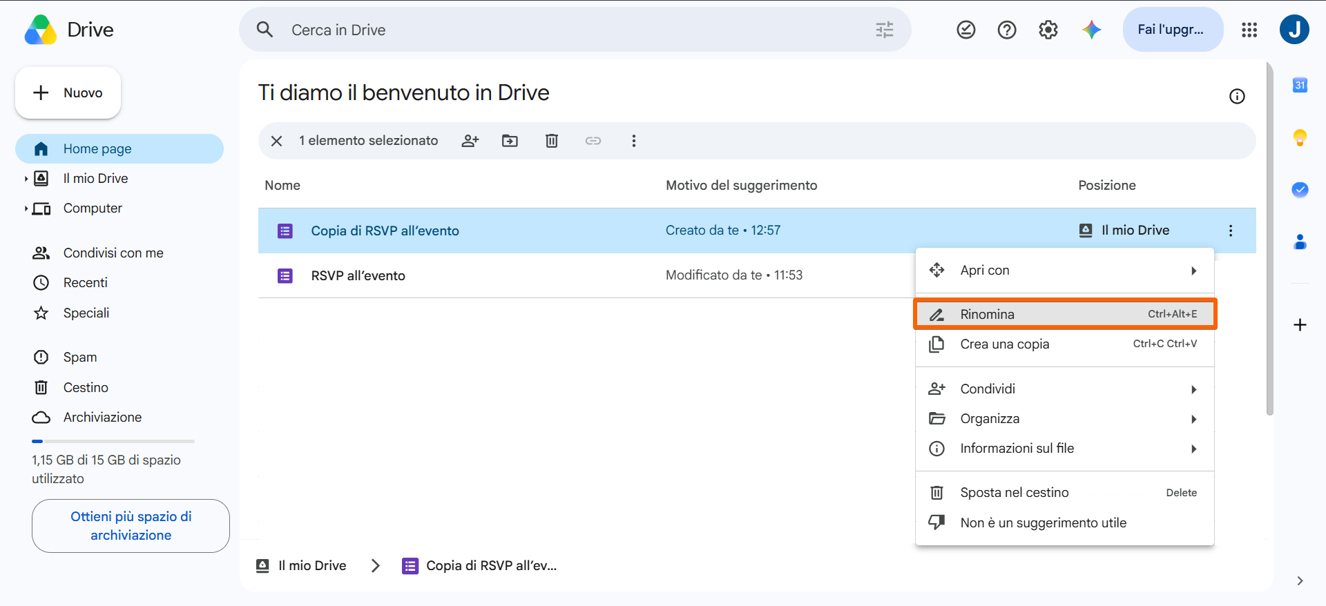 Screenshot che mostra l'opzione Rinomina di un file su Google Drive