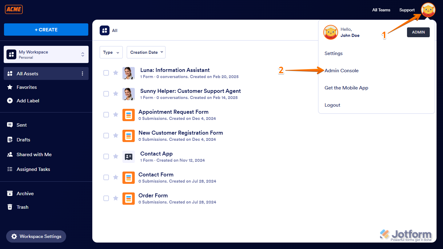 Admin Console menu in the Jotform Enterprise Server