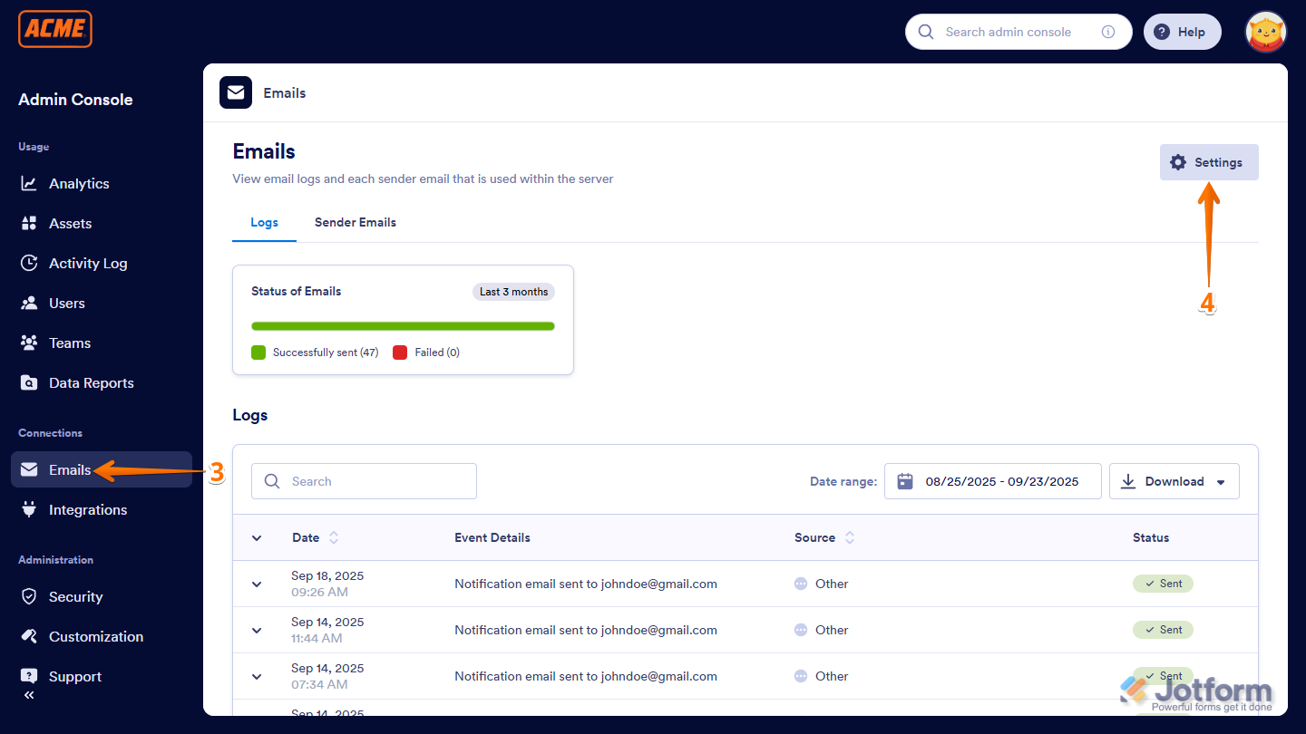Settings button in the Emails section of the Admin Console in the Jotform Enterprise Server