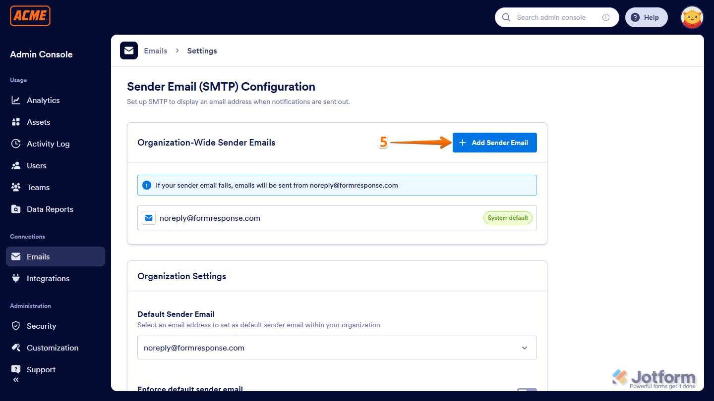 Add Sender Email in the Emails section of the Admin Console in the Jotform Enterprise Server