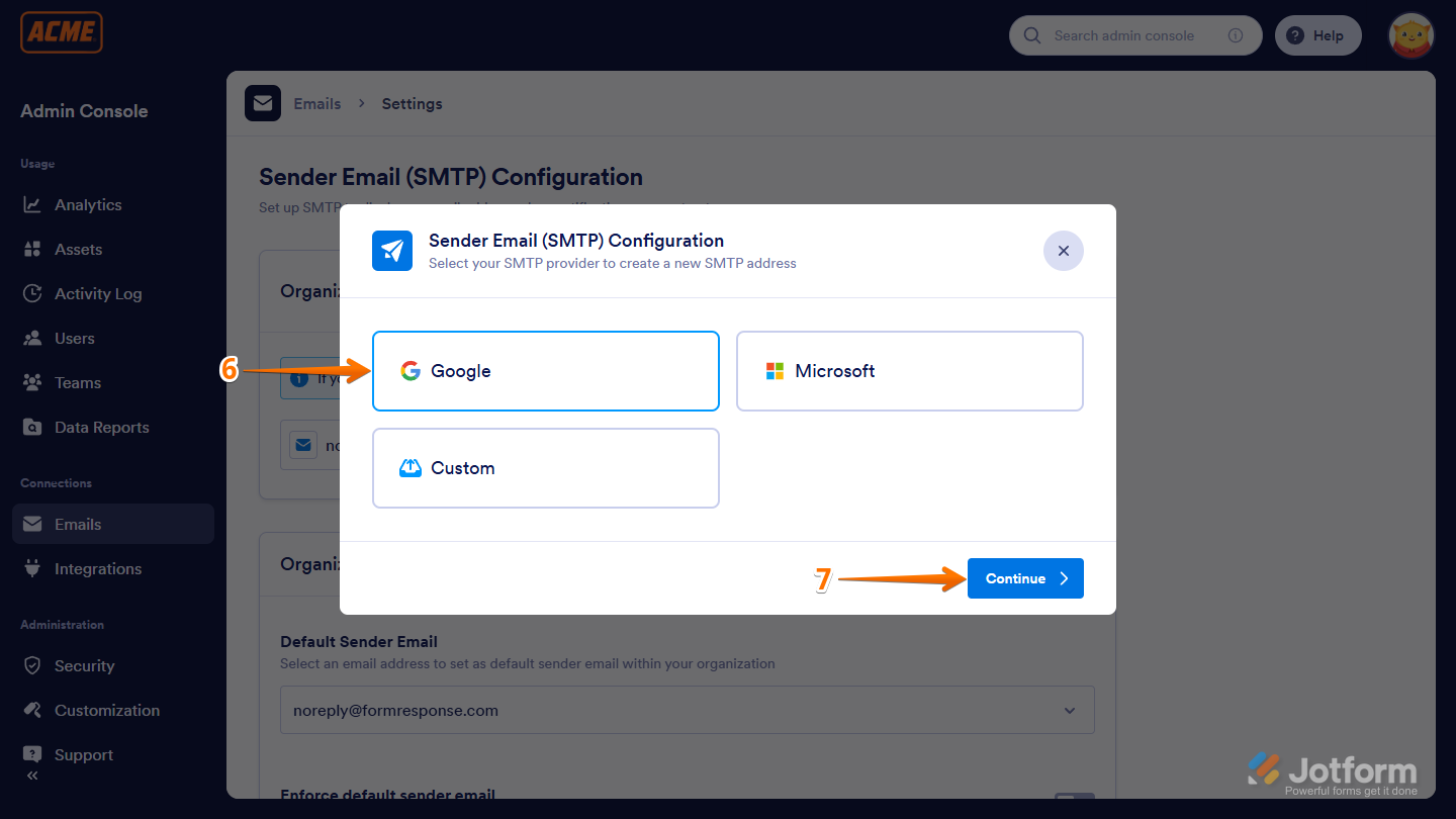 Google option in the SMTP configuration in the Admin Console of the Jotform Enterprise Server