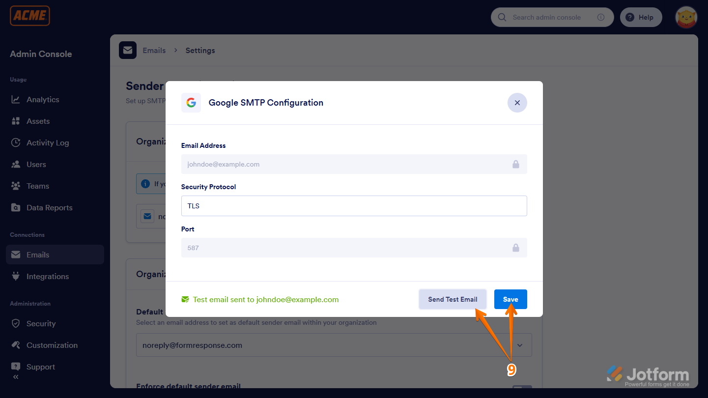 Save SMTP configuration in the Admin Console of the Jotform Enterprise Server