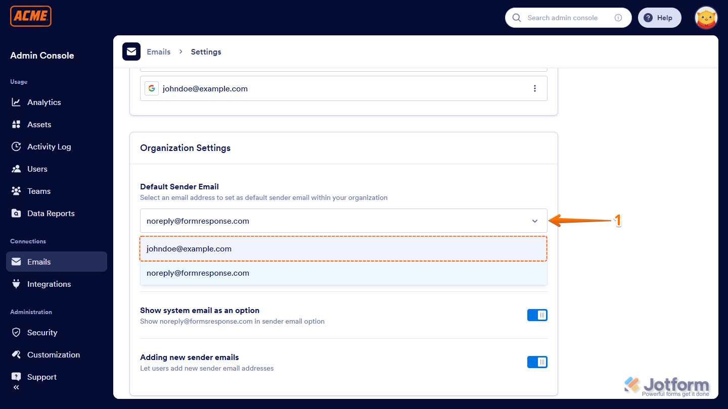 Default Sender Email in the Organization Settings of the Admin Console in the Jotform Enterprise Server
