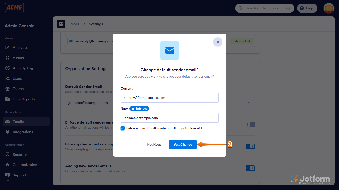 Change Default Sender Email confirmation window in the Organization Settings of the Admin Console in the Jotform Enterprise Server