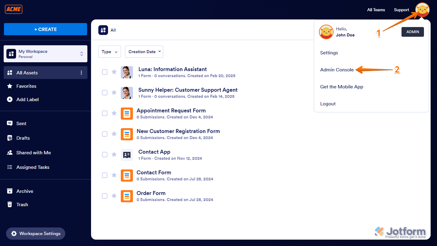 Admin Console menu in the Enterprise Server