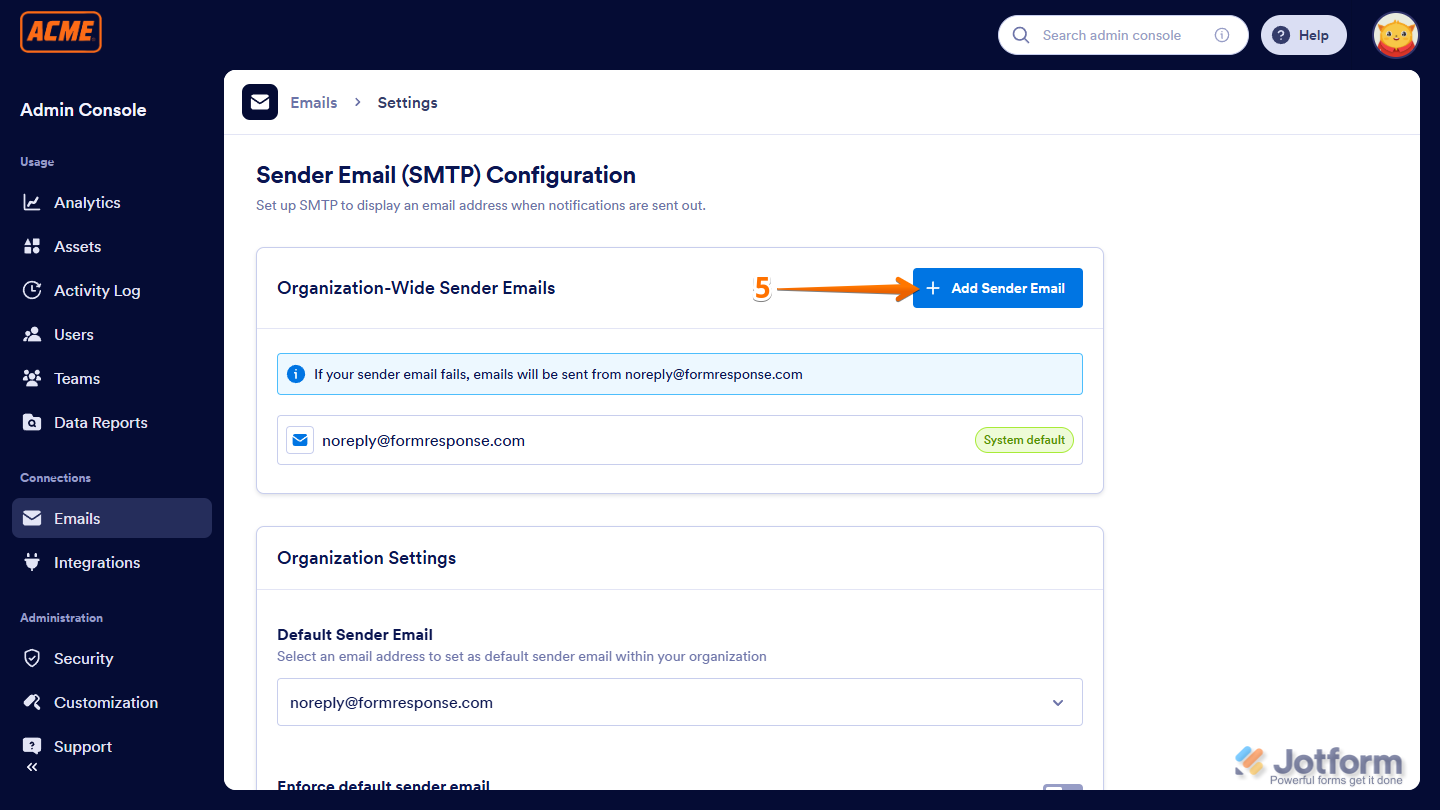Add Sender Email button in the SMTP Configuration of the Admin Console in the Jotform Enterprise Server