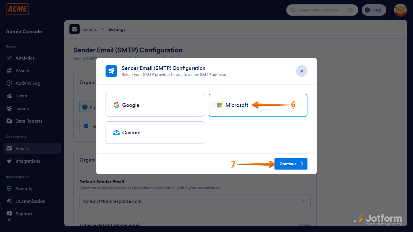 Microsoft option in the SMTP settings of the Admin Console in the Jotform Enterprise Server