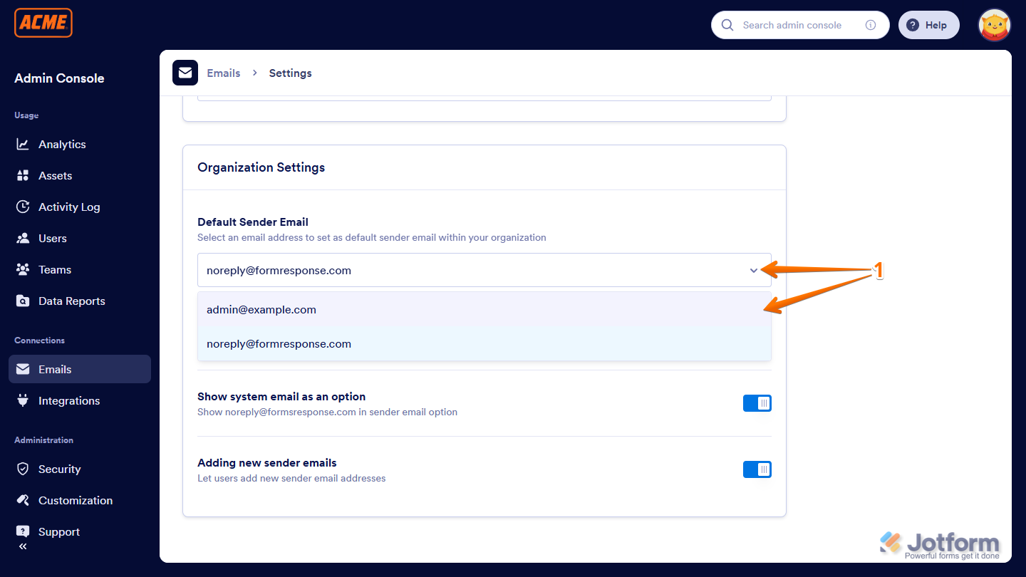 Default Sender Email dropdown menu in the Organization settings of the Admin Console
