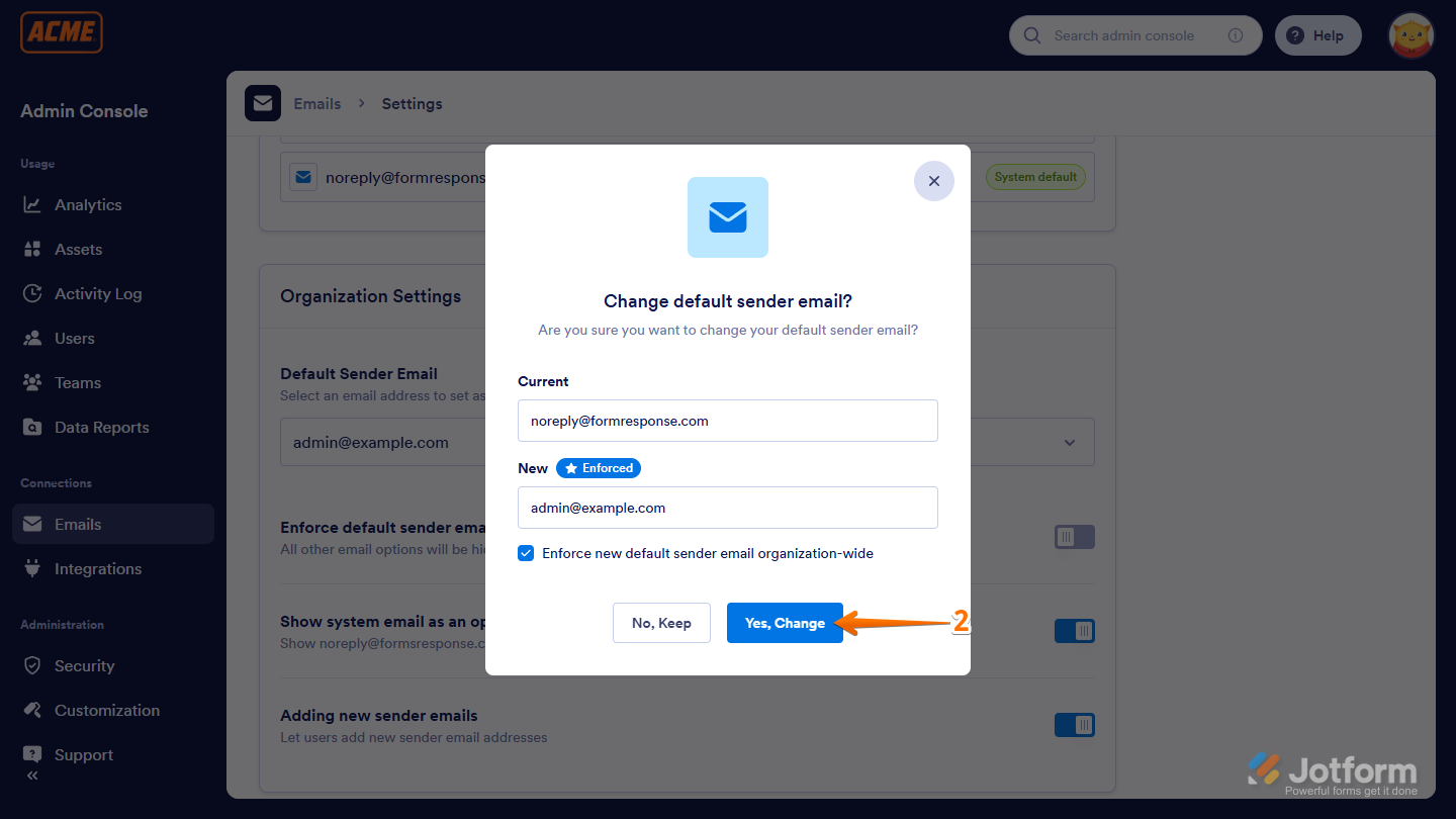 Change Default Sender Email confirmation screen in the Admin Console